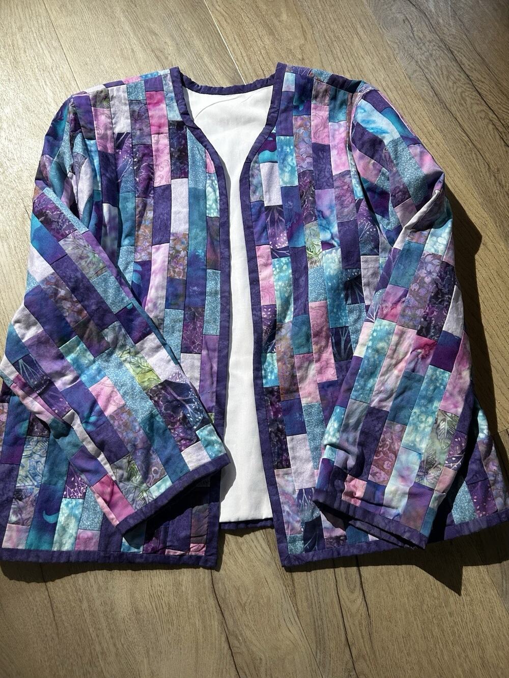 Women’s L Multicolor Geometric Patchwork Quilted Jacket Open Front Long Sleeve